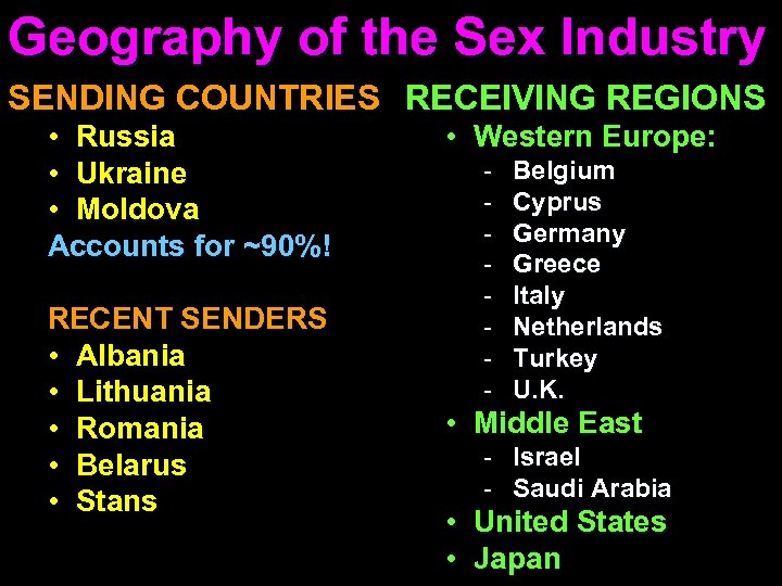 Geography of the Sex Industry SENDING COUNTRIES RECEIVING REGIONS • Russia • Ukraine •