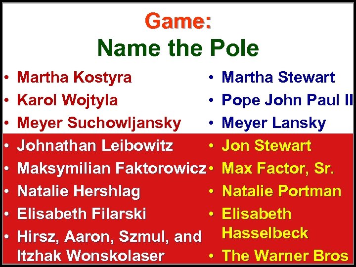 Game: Name the Pole • • Martha Kostyra • Karol Wojtyla • Meyer Suchowljansky