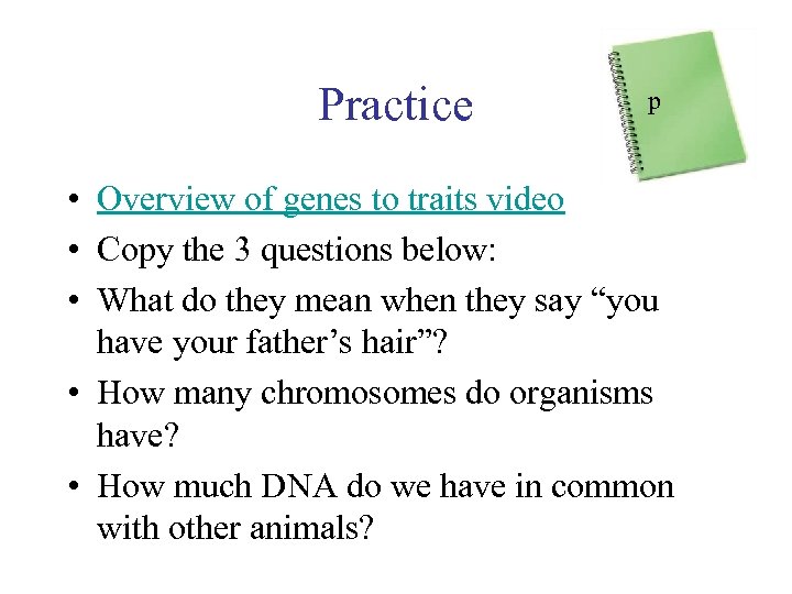 Practice p • Overview of genes to traits video • Copy the 3 questions