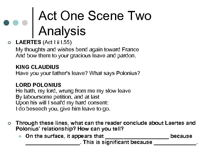 Act One Scene Two Analysis ¢ LAERTES (Act I ii l. 55) My thoughts