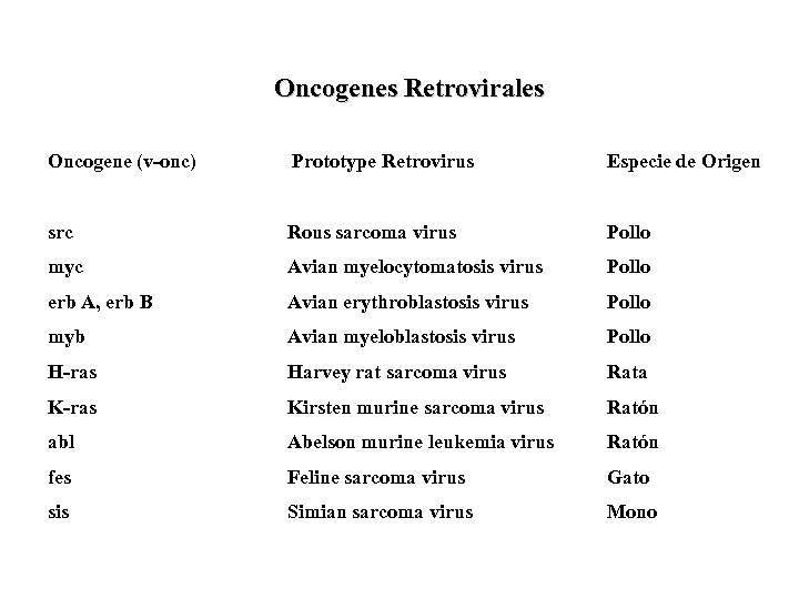 Oncogenes Retrovirales Oncogene (v-onc) Prototype Retrovirus Especie de Origen src Rous sarcoma virus Pollo