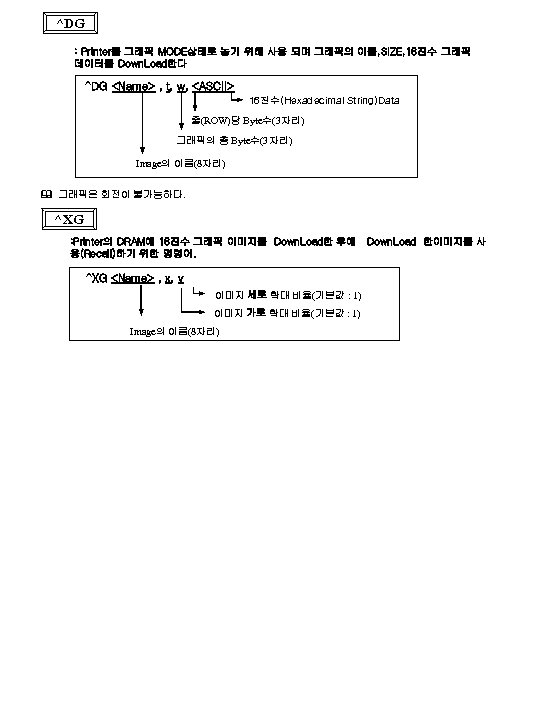 ^DG : Printer를 그래픽 MODE상태로 놓기 위해 사용 되며 그래픽의 이름, SIZE, 16진수 그래픽