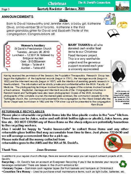 Christmas The St. David’s Connection Quarterly Newsletter – Christmas, 2009 Page 3 ANNOUNCEMENTS Births
