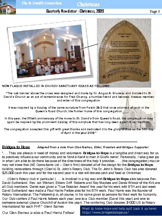 The St. David’s Connection Christmas Quarterly Newsletter - Christmas, 2009 Page 8 NEW PLAQUE