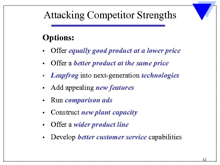 Attacking Competitor Strengths Options: • Offer equally good product at a lower price •