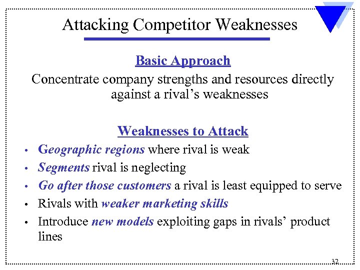 Attacking Competitor Weaknesses Basic Approach Concentrate company strengths and resources directly against a rival’s