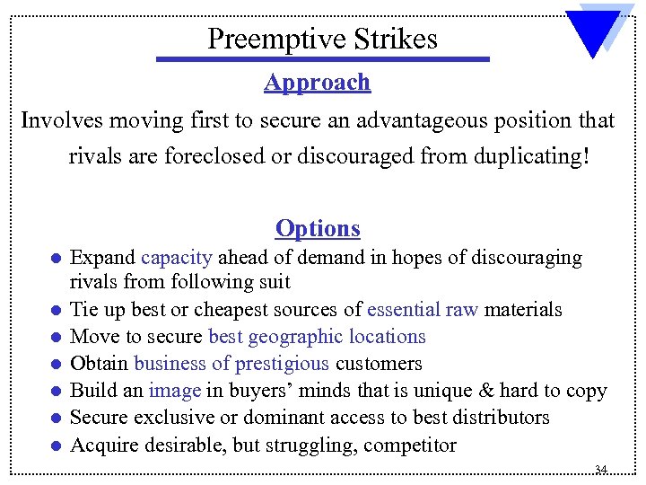 Preemptive Strikes Approach Involves moving first to secure an advantageous position that rivals are