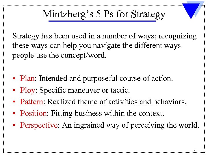 Mintzberg’s 5 Ps for Strategy has been used in a number of ways; recognizing