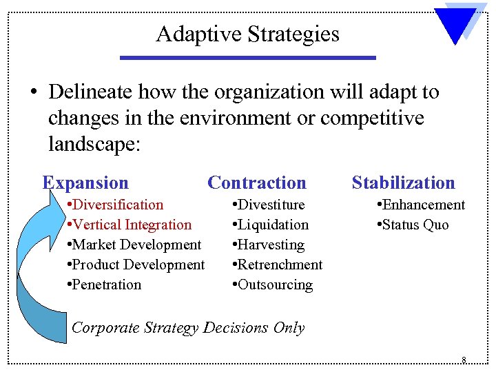 Adaptive Strategies • Delineate how the organization will adapt to changes in the environment