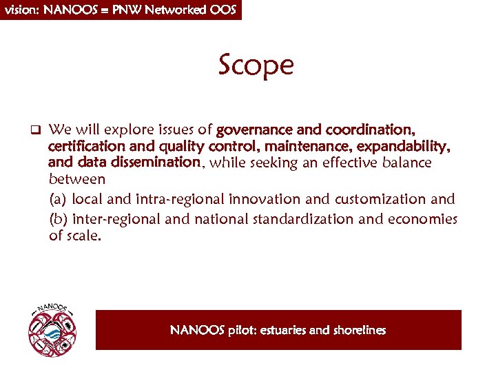 vision: NANOOS PNW Networked OOS Scope q We will explore issues of governance and