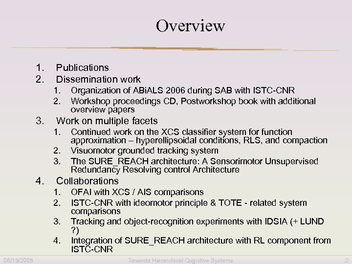 Overview 1. 2. Publications Dissemination work 1. 2. 3. Work on multiple facets 1.