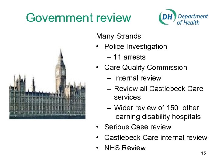 Government review Many Strands: • Police Investigation – 11 arrests • Care Quality Commission