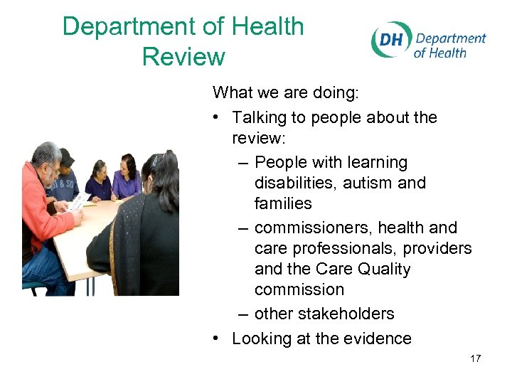 Department of Health Review What we are doing: • Talking to people about the