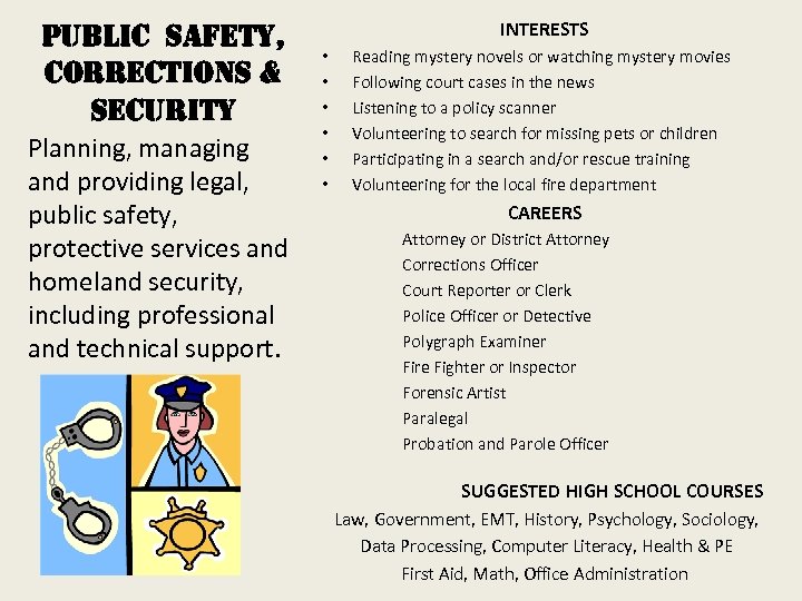 Public safety, corrections & security Planning, managing and providing legal, public safety, protective services
