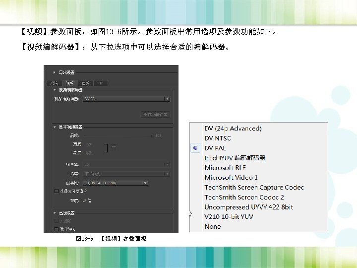【视频】参数面板，如图 13 -6所示。参数面板中常用选项及参数功能如下。 【视频编解码器】：从下拉选项中可以选择合适的编解码器。 图 13 -6 【视频】参数面板 