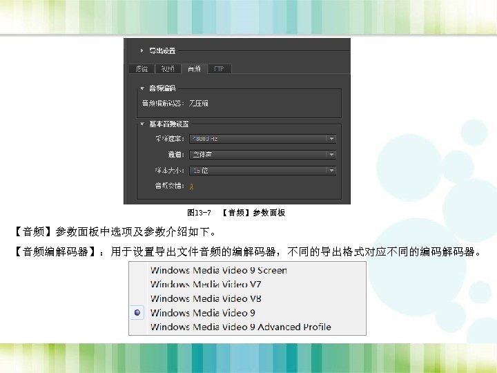 图 13 -7 【音频】参数面板中选项及参数介绍如下。 【音频编解码器】：用于设置导出文件音频的编解码器，不同的导出格式对应不同的编码解码器。 