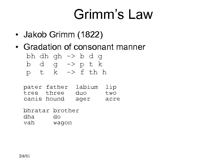 Grimm’s Law • Jakob Grimm (1822) • Gradation of consonant manner bh dh gh