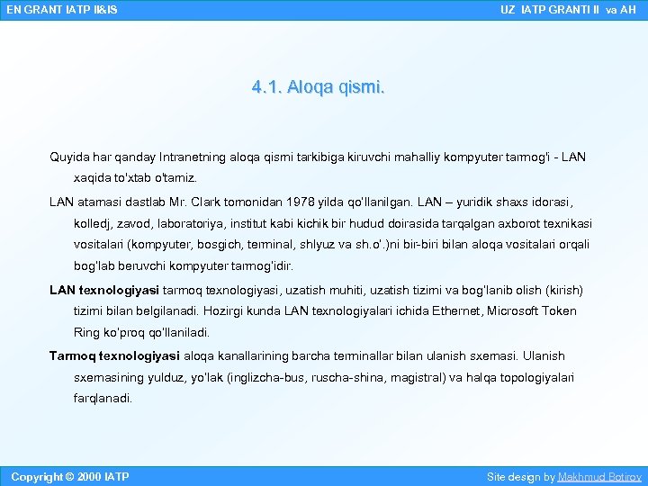EN GRANT IATP II&IS UZ IATP GRANTI II va AH 4. 1. Aloqa qismi.