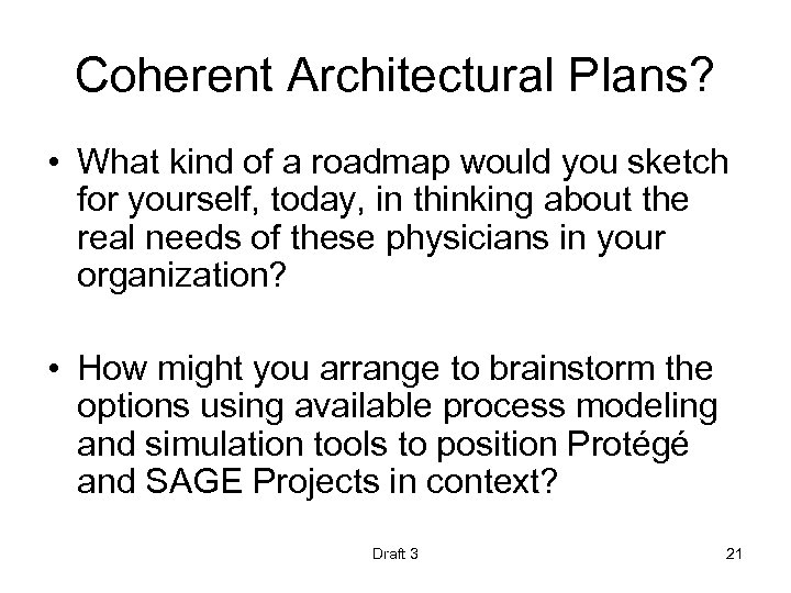Coherent Architectural Plans? • What kind of a roadmap would you sketch for yourself,