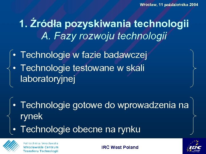  Wrocław, 11 października 2004 1. Źródła pozyskiwania technologii A. Fazy rozwoju technologii •