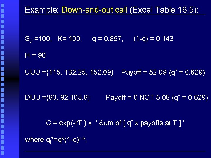Example: Down-and-out call (Excel Table 16. 5): S 0 =100, K= 100, q =
