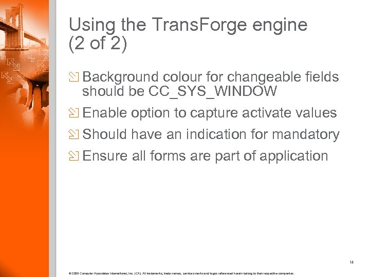Using the Trans. Forge engine (2 of 2) Background colour for changeable fields should