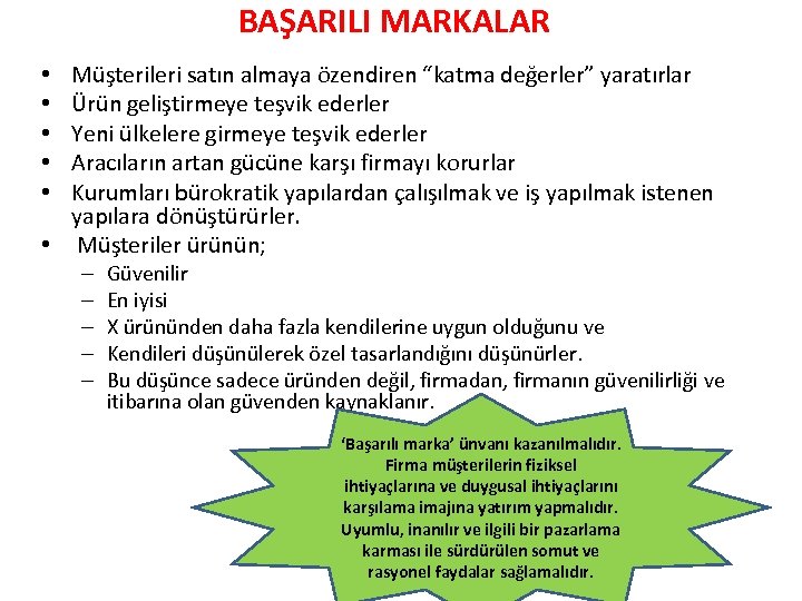 BAŞARILI MARKALAR Müşterileri satın almaya özendiren “katma değerler” yaratırlar Ürün geliştirmeye teşvik ederler Yeni