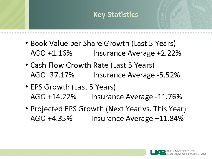 Key Statistics • Book Value per Share Growth (Last 5 Years) AGO +1. 16%