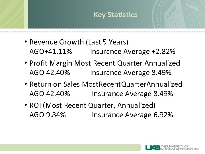 Key Statistics • Revenue Growth (Last 5 Years) AGO+41. 11% Insurance Average +2. 82%