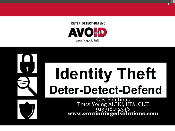 1 Identity Theft Deter-Detect-Defend C. E. Solutions Tracy Young ALHC, HIA, CLU 913 -980