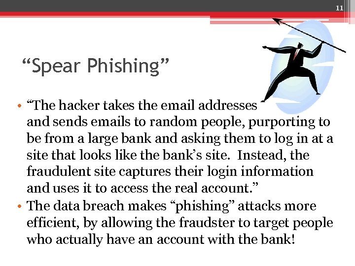 11 “Spear Phishing” • “The hacker takes the email addresses and sends emails to