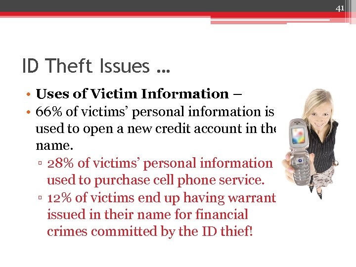 41 ID Theft Issues … • Uses of Victim Information – • 66% of