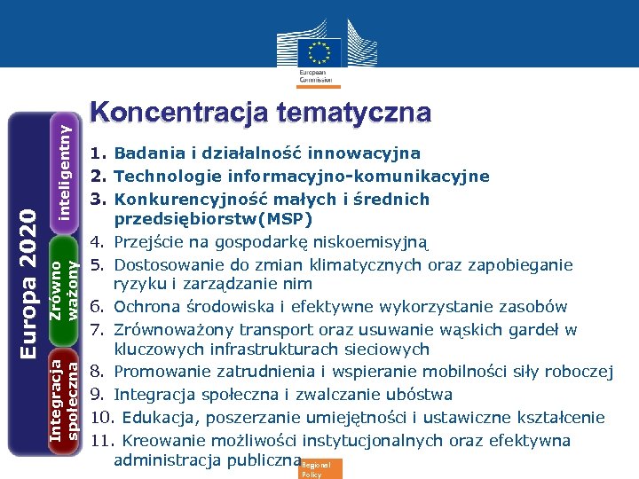 inteligentny Zrówno ważony Integracja społeczna Europa 2020 Koncentracja tematyczna 1. Badania i działalność innowacyjna