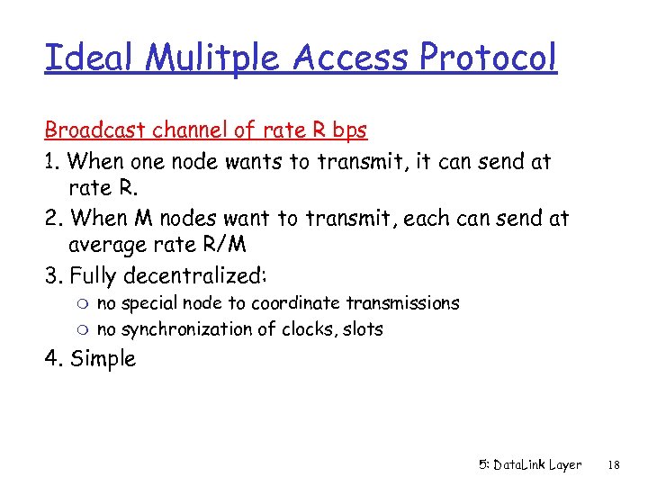 Ideal Mulitple Access Protocol Broadcast channel of rate R bps 1. When one node