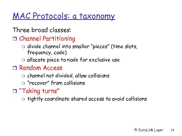 MAC Protocols: a taxonomy Three broad classes: r Channel Partitioning m m divide channel