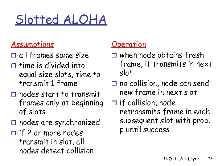 Slotted ALOHA Assumptions r all frames same size r time is divided into equal