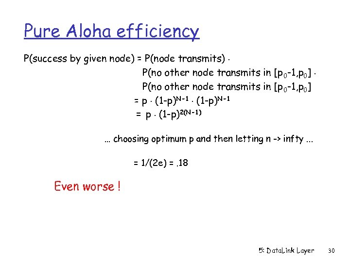 Pure Aloha efficiency P(success by given node) = P(node transmits). P(no other node transmits
