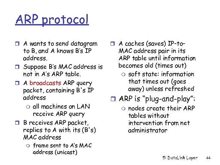 ARP protocol r A wants to send datagram to B, and A knows B’s