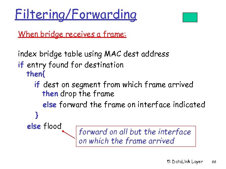 Filtering/Forwarding When bridge receives a frame: index bridge table using MAC dest address if