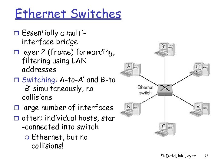Ethernet Switches r Essentially a multir r interface bridge layer 2 (frame) forwarding, filtering