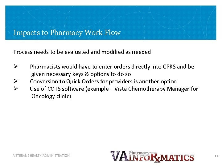 Impacts to Pharmacy Work Flow Process needs to be evaluated and modified as needed: