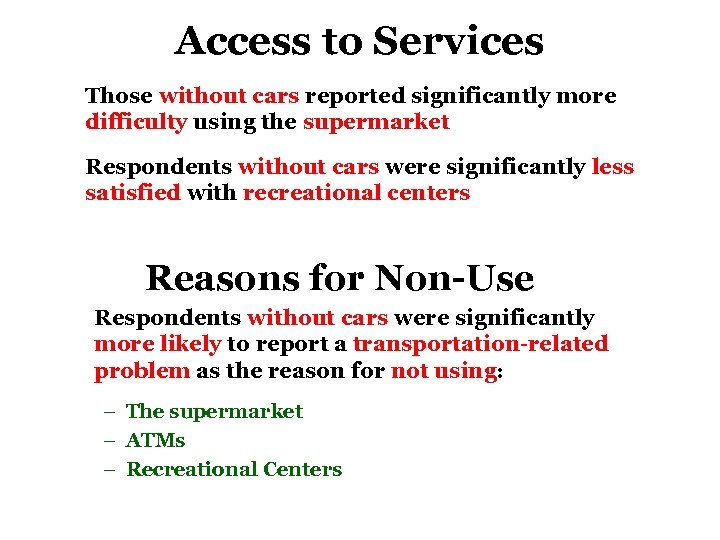 Access to Services Those without cars reported significantly more difficulty using the supermarket Respondents