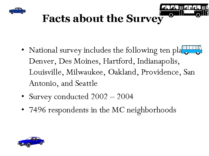 Facts about the Survey • National survey includes the following ten places: Denver, Des