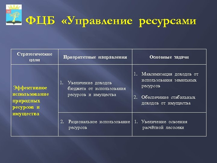 ФЦБ «Управление ресурсами Стратегические цели Эффективное использование природных ресурсов и имущества Приоритетные направления 1.