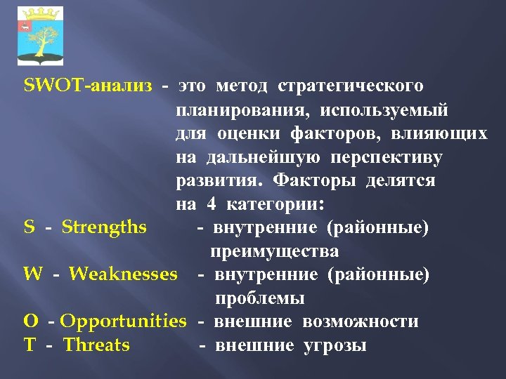 SWOT-анализ - это метод стратегического планирования, используемый для оценки факторов, влияющих на дальнейшую перспективу