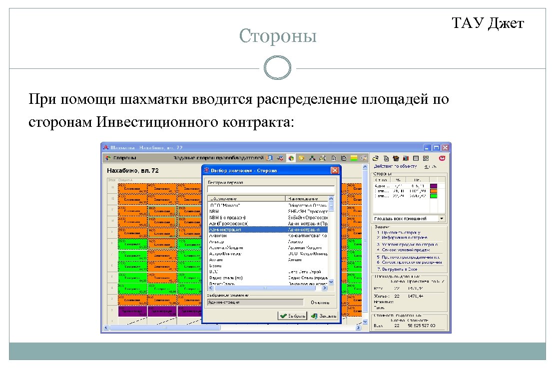 Стороны При помощи шахматки вводится распределение площадей по сторонам Инвестиционного контракта: ТАУ Джет 