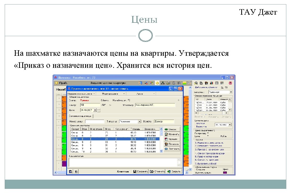 Цены На шахматке назначаются цены на квартиры. Утверждается «Приказ о назначении цен» . Хранится