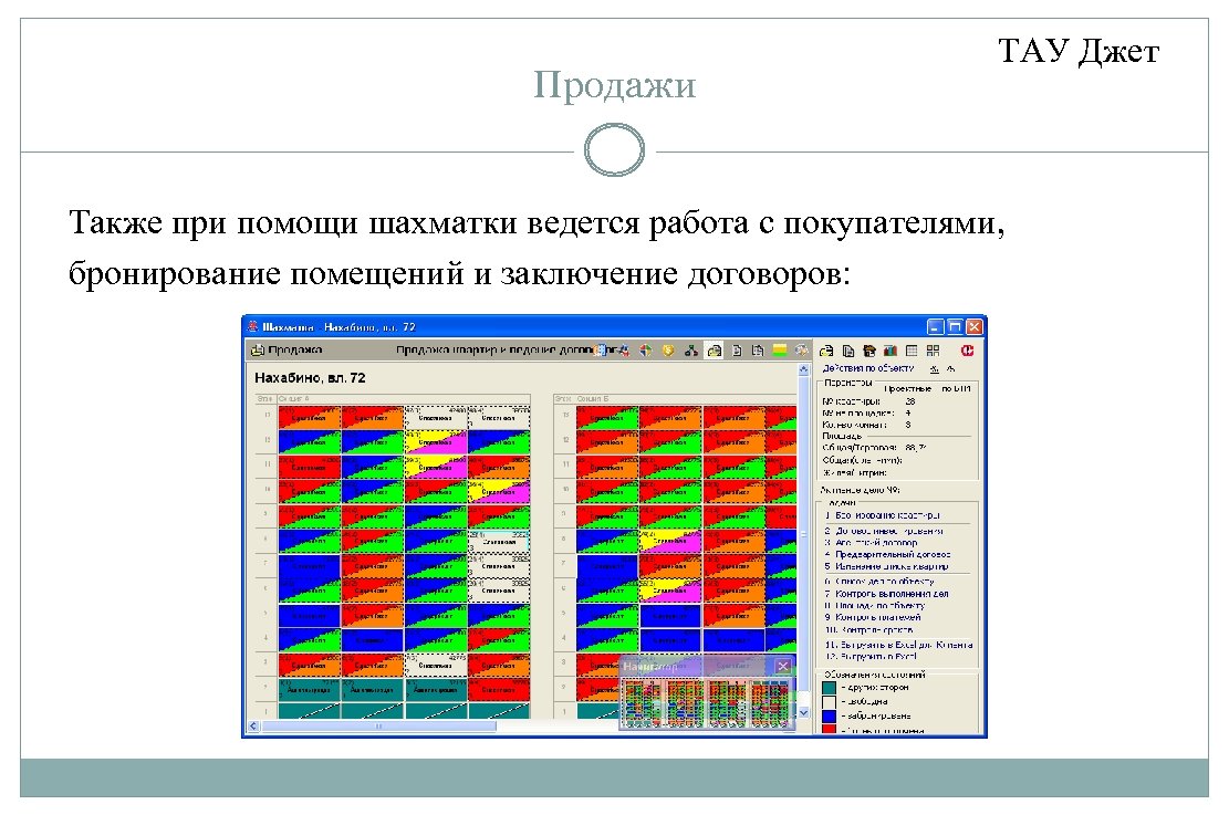 Продажи ТАУ Джет Также при помощи шахматки ведется работа с покупателями, бронирование помещений и