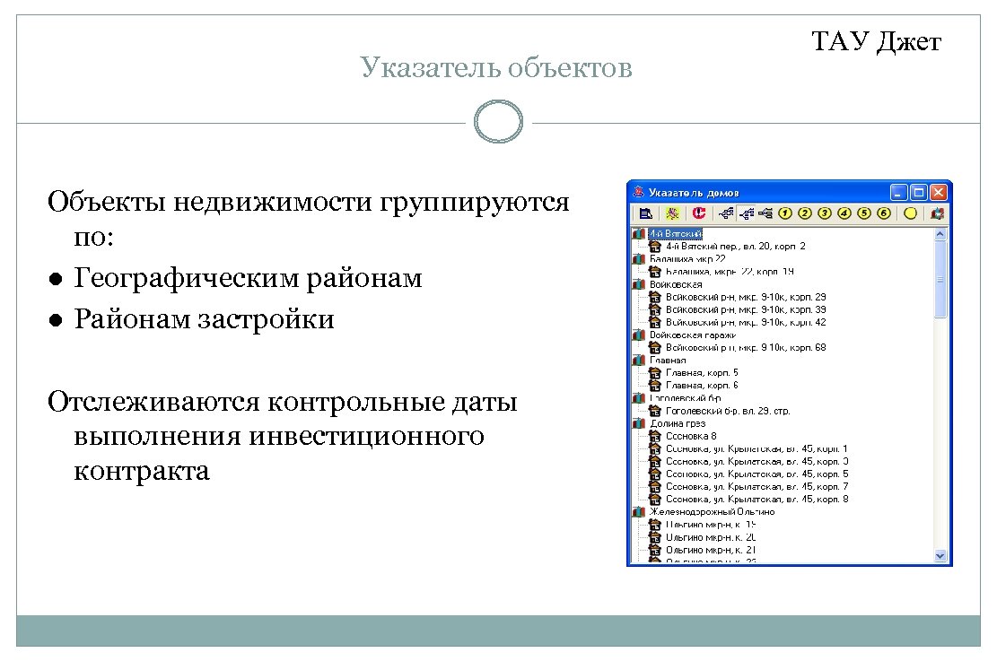 Указатель объектов Объекты недвижимости группируются по: Географическим районам Районам застройки Отслеживаются контрольные даты выполнения