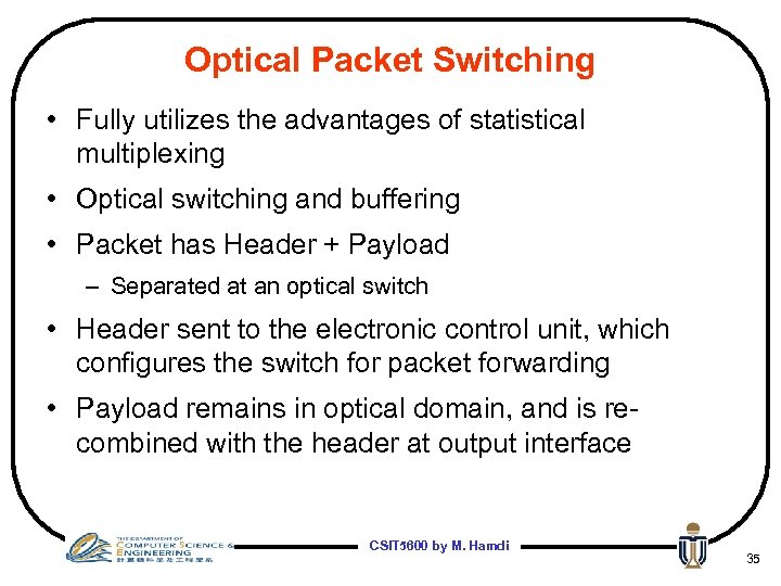 Optical Packet Switching • Fully utilizes the advantages of statistical multiplexing • Optical switching